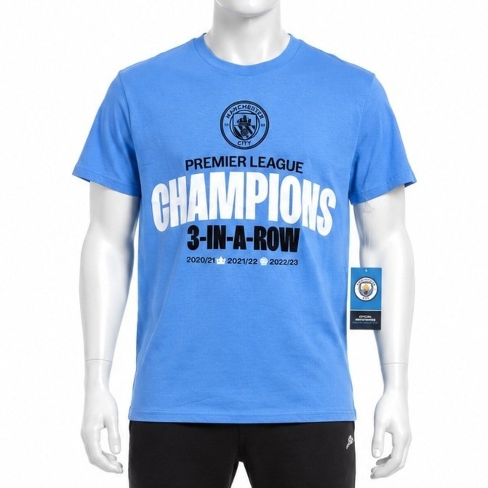 Manchester City Mens T-Shirt Premier League Champions 3-In-A-Row Blue Small